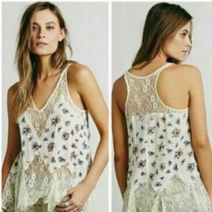 Free People Lace Inset Floral Flowy Blouse